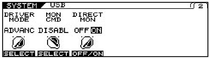 SYSTEM USB DRIVER MON DIRECT MODE CMD MON ADVANC DISABLE OFF ON SELECT SELECT OFF/ON