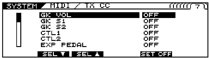SYSTEM / H101 / TX CC GK VOL GK S1 GK S2 CTL1 CTL2 EXP PEDAL SEL ↑ SEL ↑ OFF OFF OFF OFF OFF OFF SET OFF