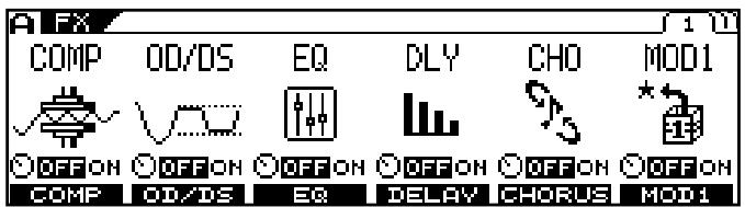 FX COMP OD/DS EQ DLY CHO MOD1 OFFON OFFON OFFON OFFON OFFON OFFON COMP OD/DS EQ DELAY CHORUS MOD1