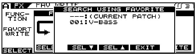 FX FAV WRITE FUNCTION FAVORT WRITE SELECT SELL SEARCH USING FAVORITE ---: (CURRENT PATCH) 001: V-BASS SEL Y SEL ▲ EXIT 3 ITE