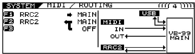 SYSTEM MIDI / ROUTING F1 RRC2 → MAIN F2 RRC2 ↑ MAIN F3 OFF USB MIDI IN OUT RRC2 VB-99 MAIN