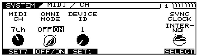 SYSTEM / MIDI / CH MIDI CH OMNI MODE DEVICE ID SYNC CLOCK INTER- NAL 7ch OFF ON 1 SET7 OFF/ON SET1 SELECT