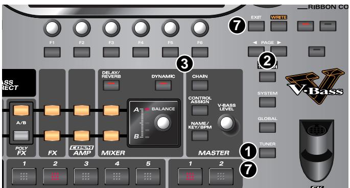 RIBBON CO F1 F2 F3 F4 F5 F6 F1 F2 F3 F4 F5 F6 ASS RECT A/B POLY FX FX GOSM AMP MIXER DELAY/ REVERB DYNAMIC A BALANCE B CHAIN CONTROL ASSIGN V-BASS LEVEL NAME/ KEY/BPM MASTER 1 2 3 4 5 1 2 7 EXIT WRITE PAGE SYSTEM GLOBAL TUNER V-Bass