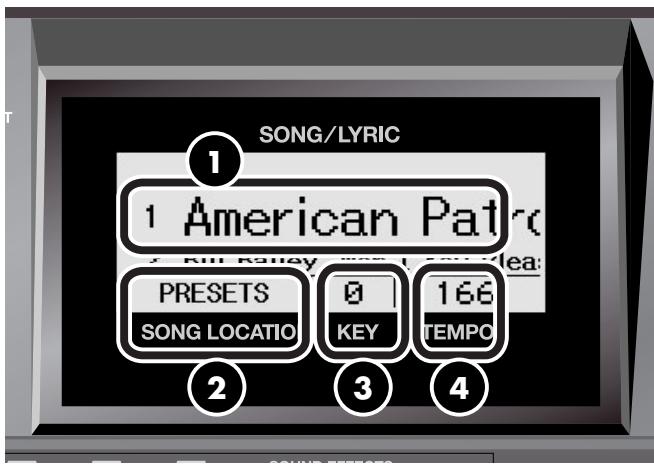 SONG/LYRIC 1 American Patrc PRESETS SONG LOCATION 0 KEY 166 TEMPO 2 3 4
