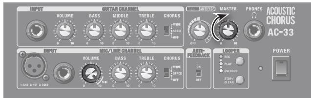 INPUT VOLUME BASS MIDDLE TREBLE CHORUS WIDE SPACE OFF METHNICUMBERG MASTER PHONES ACOUSTIC CHORUS AC-33 INPUT MIC/LINE CHANNEL VOLUME BASS TREBLE CHORUS WIDE SPACE OFF ANTI- READ BACK LOOPER POWER 1. GND 2. MHT 3. OLEUR HCC PLAY OVEROUT STOP CLEER