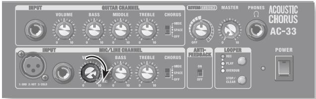 INPUT VOLUME BASS MIDDLE TREBLE CHORUS WIDE SPACE OFF OFFSETER MASTER PHONES ACOUSTIC CHORUS AC-33 INPUT MIC/LINE CHANNEL BASS TREBLE CHORUS WIDE SPACE OFF AUTO-FREEMACK LOOPER MIC PLAY OVEROUT STOP/CLEAR POWER