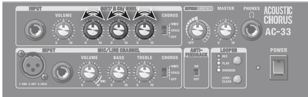 INPUT VOLUME OUTPUT ON LINES CHORUS WIDE SPACE OFF MASTER PHONES ACOUSTIC CHORUS AC-33 INPUT MIC/LINE CHANNEL VOLUME BASS TREBLE CHORUS WIDE SPACE OFF ANTI- FEDBACK LOOPER POWER 1-SMO 2-HOT 3-COLI
