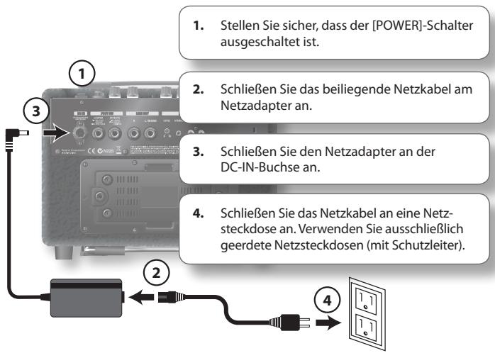 1. Stellen Sie sicher, dass der [POWER]-Schalter ausgeschaltet ist. 2. Schließen Sie das beiliegende Netzkabel am Netzadapter an. 3. Schließen Sie den Netzadapter an der DC-IN-Buchse an. 4. Schließen Sie das Netzkabel an eine Netzsteckdose an. Verwenden Sie ausschließlich geerdete Netzsteckdosen (mit Schutzleiter).