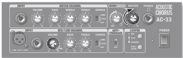 INPUT VOLUME BASS MIDDLE TREBLE CHORUS WIDE SPACE OFF MASTER PHONES ACOUSTIC CHORUS AC-33 INPUT MIC/LINE CHANNEL VOLUME BASS TREBLE CHORUS WIDE SPACE OFF ANTI-FORM MCK LOOPER REC PLAY OVERUS STOP CLOCK POWER