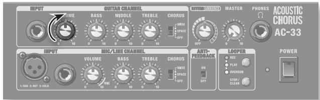 INPUT VOLUME BASS MIDDLE TREBLE CHORUS METHNICUMBER MASTER PHONES ACOUSTIC CHORUS AC-33 INPUT MIC/LINE CHANNEL VOLUME BASS TREBLE CHORUS METHNICUMBER MOULIPER LOOPER POWER 1.000 2.001 3.000 ON OFF OK SELL STOP CLOCK