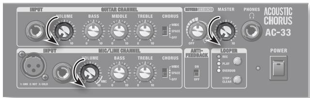 INPUT VOLUME BASS MIDDLE TREBLE CHORUS WIDE SPACE OFF MASTER PHONES ACOUSTIC CHORUS AC-33 INPUT MIC/LIME CHANNEL VOLUME BASS TREBLE CHORUS WIDE SPACE OFF ANTI-FRESH BACK MOOPER OFF POWER 1. GND ≥ HST 2. OLS