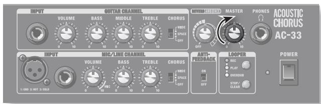 INPUT VOLUME BASS MIDDLE TREBLE CHORUS WIDE SPACE OFF POWER ACOUSTIC CHORUS AC-33 INPUT MIC/LINE CHANNEL VOLUME BASS TREBLE CHORUS WIDE SPACE OFF ANT-REEDACK LOOPER ACC PLAY OVEROUT STOP CLEAV POWER