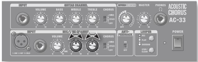 INPUT VOLUME BASS MIDDLE TREBLE CHORUS WIDE SPACE OFF MASTER PHONES ACOUSTIC CHORUS AC-33 INPUT VOLUME WIDE SPACE OFF MIC/AVE OF CHORUS WIDE SPACE OFF CHORUS WIDE SPACE OFF AUTO-FRSD/MUX POWER AEC PLAY OVERUS STOP CLEAR POWER