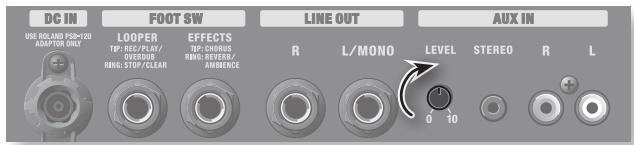 DC IN USE BOLAND PRO+20 ADAPTOR ONLY FOOT SW LOOPER TP: REC/FLAT/ FROCKER RBG: STOP/CLEAR EFFECTS TP: CHRONIS RBG: REVER/ AMBENZE LINE OUT R L/MONO AUX IN LEVEL STEREO R L