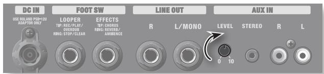 DC IN USE BOLAND POM+20 ADP+700 ONLY FOOT SW LOOPER TP: REC/PLAY/ FROSET RHG: STOP/CLEAR EFFECTS TP: CHORUS RHG: REVER/ AMBENZE LINE OUT R L/MONO AUX IN LEVEL 0 10 STEREO R L