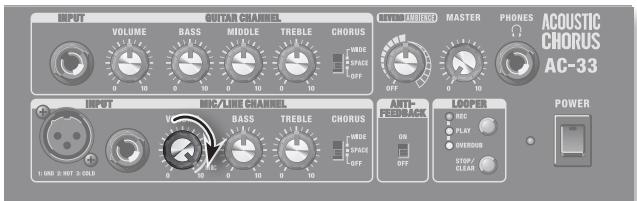 INPUT VOLUME BASS MIDDLE TREBLE CHORUS WIDE SPACE OFF OFFSET MASTER PHONES ACOUSTIC CHORUS AC-33 INPUT MIC/LINE CHANNEL BASS TREBLE CHORUS WIDE SPACE OFF AUTO-FREEKACK LOOPER MIC PLAY OVEROUT STOP/CLEAN POWER