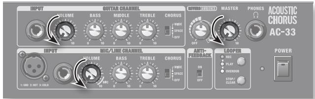 INPUT VOLUME BASS MIDDLE TREBLE CHORUS WIDE SPACE OFF MASTER PHONES ACOUSTIC CHORUS AC-33 INPUT VOLUME BASS TREBLE CHORUS WIDE SPACE OFF ANTI- FEDER MCK LOOPER MIC PLAY OVERUS STOP CLEA POWER