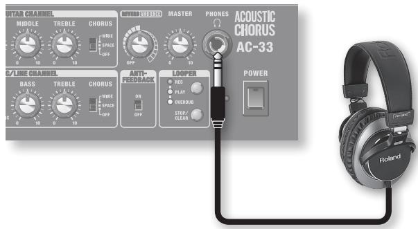 UTAR CHANNEL MIDDLE TREBLE CHORUS WIDE SPACE OFF WHIM MERENCE MASTER PRONES ACOUSTIC CHORUS AC-33 C/LINE CHANNEL BASS TREBLE CHORUS WIDE SPACE OFF ANTI-REEDBACK ON OFF LOOPER REC PLAY OVERDIN STOP/CLEAR POWER Rollend