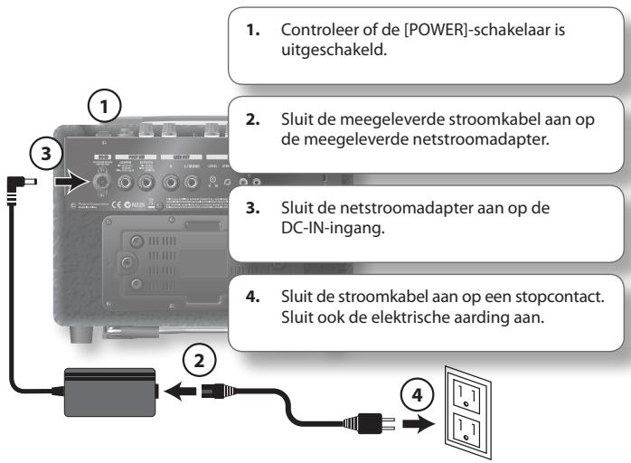 1. Controleer of de [POWER]-schakelaar is uitgeschakeld. 2. Sluit de meegeleverde stroomkabel aan op de meegeleverde netstroomadapter. 3. Sluit de netstroomadapter aan op de DC-IN-ingang. 4. Sluit de stroomkabel aan op een stopcontact. Sluit ook de elektrische aarding aan.