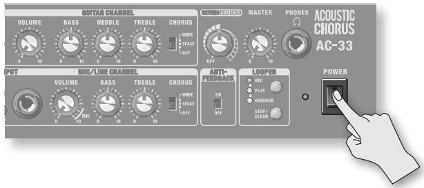 GUTAR CHANNEL VOLUME BASS MIDDLE TREBLE CHORUS 0 10 0 10 0 10 0 10 WRITE SPACE OFF AVEL VOLTAGE MASTER PHONES OFF 0 10 ACOUSTIC CHORUS AC-33 OUTPUT MIC/LINE CHANNEL VOLUME BASS TREBLE CHORUS 0 10 0 10 0 10 WRITE SPACE OFF ANTI-FEEDRACK LOOPER POWER OFF 0 REC PLAY OVERDUS STOP/CLEAR V POWER