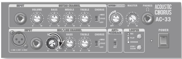 INPUT VOLUME BASS MIDDLE TREBLE CHORUS WIDE SPACE OFF OFFSET MASTER PHONES ACOUSTIC CHORUS AC-33 INPUT MIC/LINE CHANNEL BASS TREBLE CHORUS WIDE SPACE OFF AUTO-FLEEDBACK LOOPER MIC PLAY OVEROUT STOP/CLEAR POWER