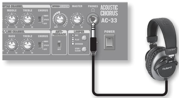 UTAR CHANNEL MIDDLE TREBLE CHORUS WIDE SPACE OFF WHOLE BURGER MASTER PHONES ACOUSTIC CHORUS AC-33 C/LINE CHANNEL BASS TREBLE CHORUS WIDE SPACE OFF ANTI-FEDBACK ON OFF LOOPER REC PLAY OVERDIN STOP/CLEAR POWER Rotend