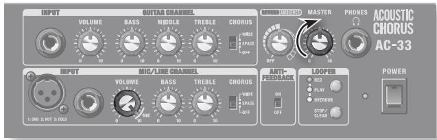 INPUT VOLUME BASS MIDDLE TREBLE CHORUS MINIMUM MASTER PHONES ACOUSTIC CHORUS AC-33 INPUT MIC/LINE CHANNEL VOLUME BASS TREBLE CHORUS MINIMUM MASTER AUTO-FEDBACK LOOPER POWER 1:00 2:10 3:00 3 OFF OFF OFF STOP/CLEAR
