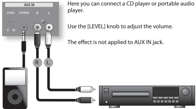 AUX IN LEVEL STEREO R L 0 10 R L Here you can connect a CD player or portable audio player. Use the [LEVEL] knob to adjust the volume. The effect is not applied to AUX IN jack.