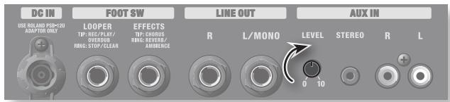 DC IN USE BOLAND POM-20 ABSTRACT ONLY FOOT SW LOOPER TP: REC/FLAT/ OVERSUE RHG: STOP/CLEAR EFFECTS TP: CHORUS RHG: RECORR/ AMBRENE LINE OUT R L/MONO AUX IN LEVEL STEREO R L 0 10