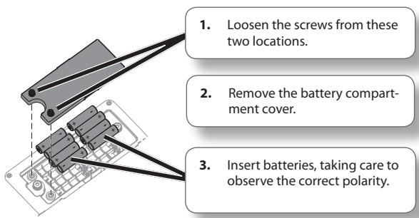 1. Loosen the screws from these 2. two locations. 2. Remove the battery compart- ment cover. 3. Insert batteries, taking care to observe the correct polarity.
