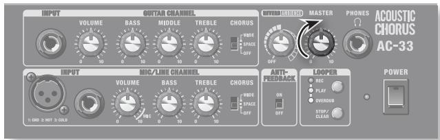 INPUT VOLUME BASS MIDDLE TREBLE CHORUS WIDE SPACE OFF POWER ACOUSTIC CHORUS AC-33 INPUT MIC/LINE CHANNEL VOLUME BASS TREBLE CHORUS WIDE SPACE OFF ANTIFREEBACK LOOPER AUC PLAY OVEROUT STOP/ CLEAV POWER