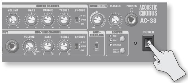 GUTAR CHANNEL VOLUME BASS MIDDLE TREBLE CHORUS WRITE SPACE OFF AVENUE/WHORK MASTER PHONES ACQUOSTIC CHORUS AC-33 OUTPUT MIC/LINE CHANNEL VOLUME BASS TREBLE CHORUS WRITE SPACE OFF ANTI-FEEDBACK LOOPER POWER SN OFF REC PLAY OVERBUSH STOP/CLEAR