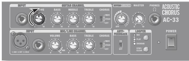 INPUT OUTRAN CHANNEL METHI MISTER MASTER PHONES ACOUSTIC CHORUS AC-33 TIME BASS MIDDLE TREBLE CHORUS VOLUME SPACE OFF MIC/LINE CHANNEL VOLUME BASS TREBLE CHORUS VOLUME SPACE OFF AUTO+ REEER BACK LOOPER HCC PLAY OVERDUS STOP CLEAN POWER 1:000 2:000 3:000