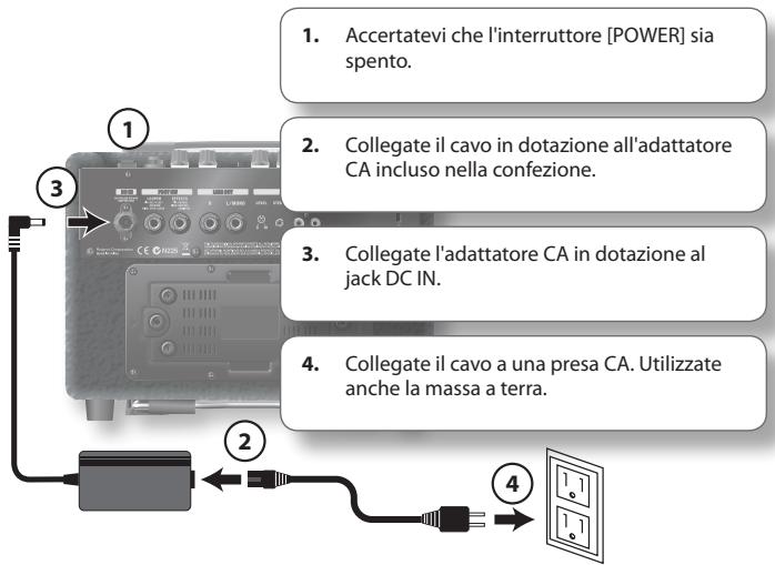1. Accertatevi che l'interruttore [POWER] sia spento. 2. Collegiate il cavo in dotazione all'adattatore CA incluso nella confezione. 3. Collegiate l'adattatore CA in dotazione al jack DC IN. 4. Collegiate il cavo a una presa CA. Utilizzate anche la massa a terra.