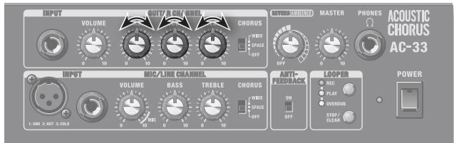INPUT VOLUME 10 10 10 10 10 10 10 OUTPUT CAN WINDS CHORUS WBE SPACE OFF MASTER PHONES ACOUSTIC CHORUS AC-33 INPUT MIC/LINE CHANNEL VOLUME BASS TREBLE CHORUS WBE SPACE OFF ANTI- FROEM/ACK LOOPER HRC PLAY OVEROUT STOP CLOCK POWER 1.000 x 100 x 100x