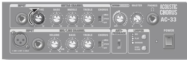 INPUT VOLUME BASS MIDDLE TREBLE CHORUS AVOC SPACE OFF MAVER/RENDEN MASTER PHONES ACOUSTIC CHORUS AC-33 INPUT MIC/LINE CHANNEL VOLUME BASS TREBLE CHORUS AVOC SPACE OFF AUTO-FREEMACK MOOPER ON OFF POWER 1: 100 2: 100 3: 100 2: 100 2: 100 3: 100