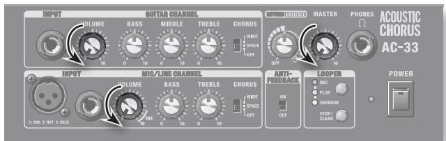 INPUT VOLUME BASS MIDDLE TREBLE CHORUS WIDE SPACE OFF POWER ACUSTIC CHORUS AC-33 INPUT MIC/LIME CHANNEL VOLUME BASS TREBLE CHORUS WIDE SPACE OFF ANTI- FRESH MICK LOOPER POWER 1. UNI 2 NOT 3. OULS RED PLAY OVERNO STOP/ CLOCK