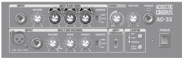 INPUT VOLUME OUTLINE CHORUS CHORUS WIDE SPACE OFF MASTER PHONES ACOUSTIC CHORUS AC-33 INPUT MIC/LINE CHANNEL VOLUME BASS TREBLE CHORUS WIDE SPACE OFF ANTI-REDAK LOOPER POWER 1.000 2-HOT 3-COLA MCC PLAY OVERDUR STOP CLEAR