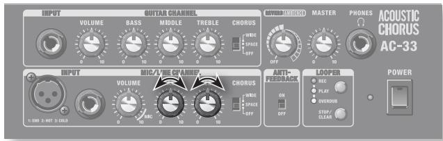 INPUT VOLUME BASS MIDDLE TREBLE CHORUS WIDE SPACE OFF MASTER PHONES ACOUSTIC CHORUS AC-33 INPUT MIC/AVG CHORUS VOLUME WIDE SPACE OFF CHORUS WIDE SPACE OFF ANTI-FEDER MACK LOOPER ON OFF POWER