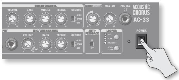 GUITAR CHANNEL VOLUME BASS MIDDLE TREBLE CHORUS WRITE SPACE OFF MASCULAR CHANNEL MASTER PHONES ACQUOSTIC CHORUS AC-33 OUTPUT MID/LINE CHANNEL VOLUME BASS TREBLE CHORUS WRITE SPACE OFF ANTI-FEEDBACK LOOPER POWER OFF REC PLAY OVERBOW STOP/CLEAR V POWER