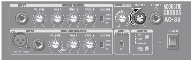 INPUT VOLUME BASS MIDDLE TREBLE CHORUS WIDE SPACE OFF MASTER PHONES ACOUSTIC CHORUS AC-33 INPUT MIC/LINE CHANNEL VOLUME BASS TREBLE CHORUS WIDE SPACE OFF ANTI-FEBRACK LOOPER POWER 1.045 3-HOT 3-COLD HIGH SPEED FLAVES OVEROUT STOP CLEAR