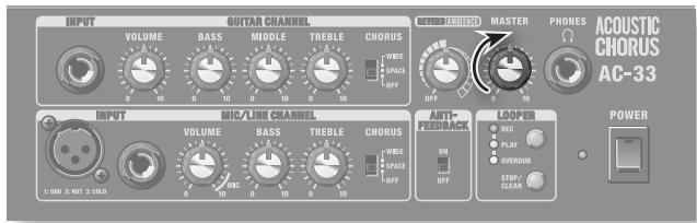 INPUT VOLUME BASS MIDDLE TREBLE CHORUS WEE SPACE OFF POWER ACOUSTIC CHORUS AC-33 INPUT MIC/LINE CHANNEL VOLUME BASS TREBLE CHORUS WEE SPACE OFF POWER LOOPER MIC PLAY OVERHO TOP CLEAR 1:000 x 1:000 x 2:000s