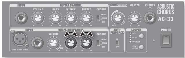 INPUT VOLUME BASS MIDDLE TREBLE CHORUS WIDE SPACE OFF MASTER PHONES ACOUSTIC CHORUS AC-33 INPUT MIC/VE CHANNEL VOLUME WIDE SPACE OFF AUTO- FEEDBACK LOOPER AMC PLAY OVEROUT STOP CLEAN POWER