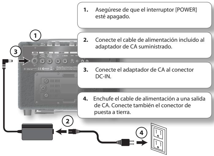 1. Asegúrese de que el interruptor [POWER] esté apagado. 2. Conecte el cable de alimentación incluido al adaptador de CA suministrado. 3. Conecte el adaptador de CA al conector DC-IN. 4. Enchufe el cable de alimentación a una salida de CA. Conecte también el conector de puesta a tierra.