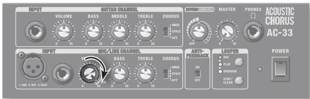 INPUT VOLUME BASS MIDDLE TREBLE CHORUS MODE SPACE OFF MOTOR MOTHER MASTER PHONES ACOUSTIC CHORUS AC-33 INPUT MIC/LINE CHANNEL BASS TREBLE CHORUS MODE SPACE OFF ANTI-FRANK BACK LOOPER OFF POWER 1.000 2 - 85T 3 SIZE