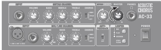 INPUT VOLUME BASS MIDDLE TREBLE CHOROS WIDE SPACE OFF MASTER PHONES ACOUSTIC CHORUS AC-33 INPUT MIC/LINE CHANNEL VOLUME BASS TREBLE CHOROS WIDE SPACE OFF ANTI- READBACK OFF LOOPER REC PLAN OVERDO STOP/ CLEAR POWER
