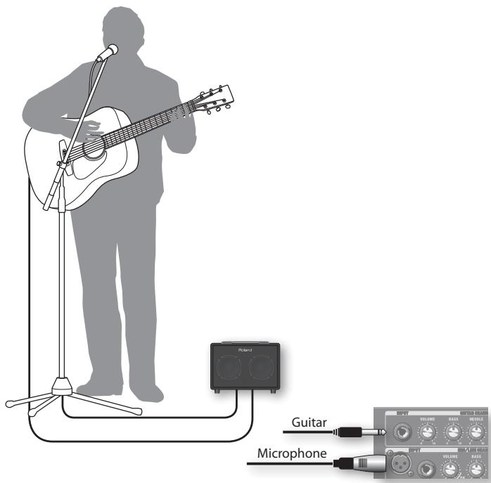 Diagram showing acoustic guitar playing on a stand with microphones connected to a guitar and microphone, illustrating audio setup.