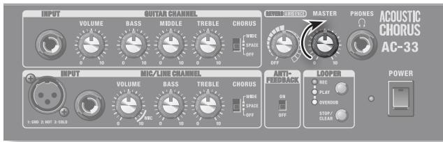 INPUT VOLUME BASS MIDDLE TREBLE CHORUS WIDE SPACE OFF MASTER PHONES ACOUSTIC CHORUS AC-33 INPUT MIC/LINE CHANNEL VOLUME BASS TREBLE CHORUS WIDE SPACE OFF ANTI-FRANK LOOPER HCC PLAY OVERDUS STOP CLEAR POWER