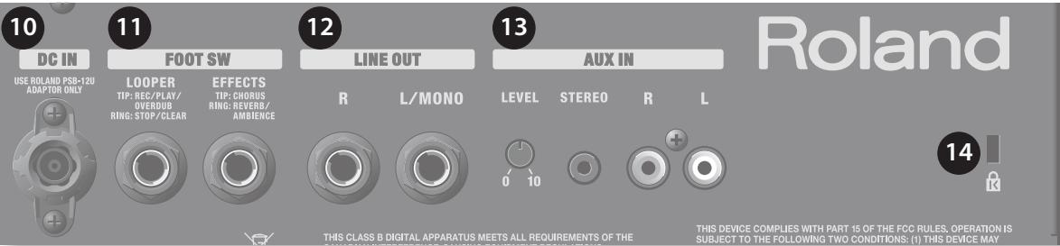 10 DC IN USE ROLAND PSB-12U ADAPTOR ONLY 11 FOOT SW LOOPER TIP: REG/PLAY/ OVERDUB RING: STOP/CLEAR EFFECTS TIP: CHORUS RING: REVERB/ AMBIENCE 12 LINE OUT R L/MONO 13 AUX IN LEVEL STEREO R L 14 THIS CLASS B DIGITAL APPARATUS MEETS ALL REQUIREMENTS OF THE THIS DEVICE COMPLIES WITH PART 15 OF THE FCC RULES, OPERATION IS SUBJECT TO THE FOLLOWING TWO CONDITIONS: (1) THIS DEVICE MAY