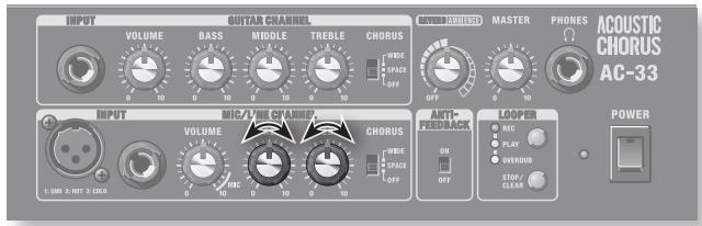 INPUT VOLUME BASS MIDDLE TREBLE CHORUS WIDE SPACE OFF MASTER PHONES ACOUSTIC CHORUS AC-33 INPUT MIC/LINE CHORUS VOLUME WIDE SPACE OFF ANTI-FEEDBACK LOOPER MIC PLAY OVEROUT STOP/CLEAR POWER 1: 540 2 INT 3 COLD